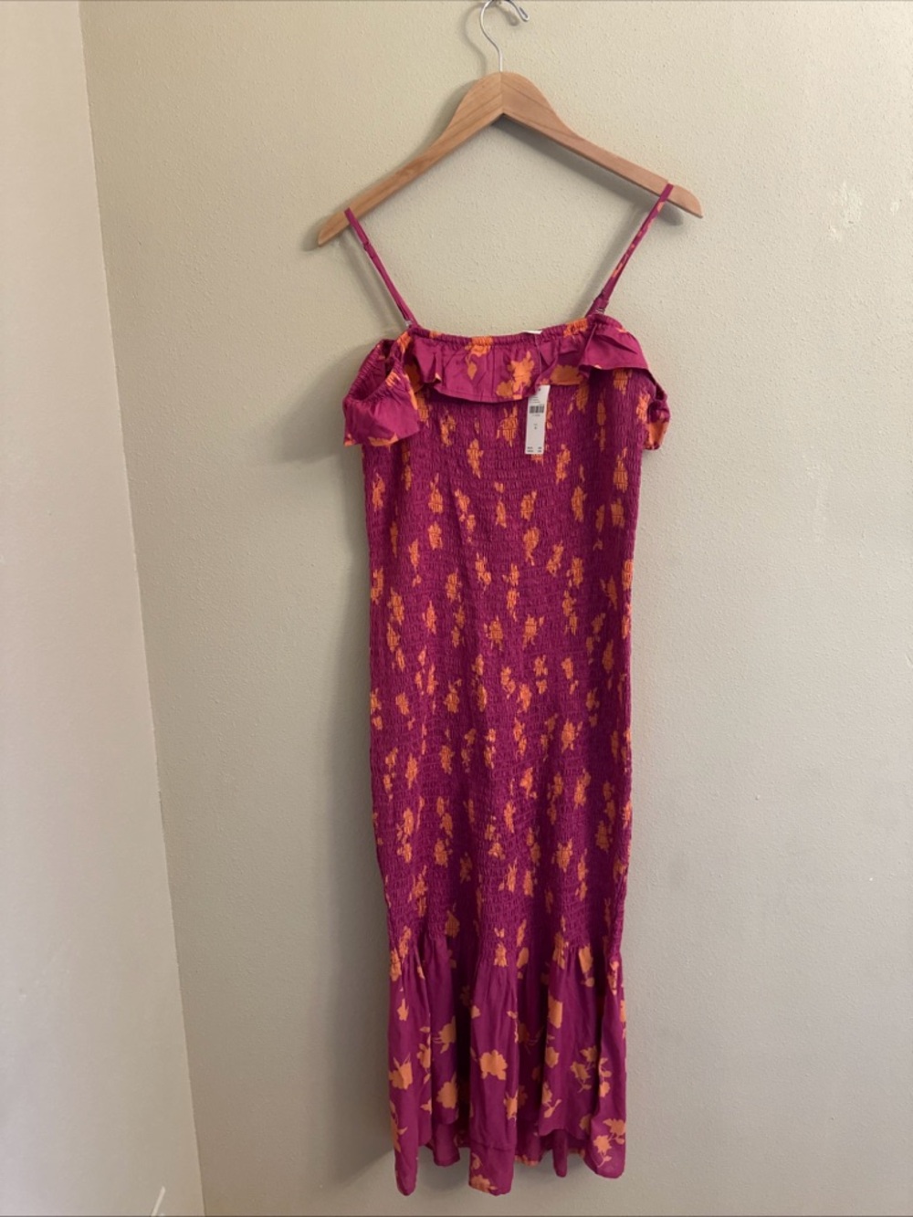 NWT By Anthropologie Off-The-Shoulder Smocked Midi Dress Pink Orange Floral M